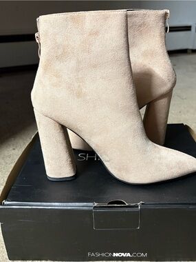Fashion Nova Light Beige Suede Pointed Toe Block Heel Ankle Boots